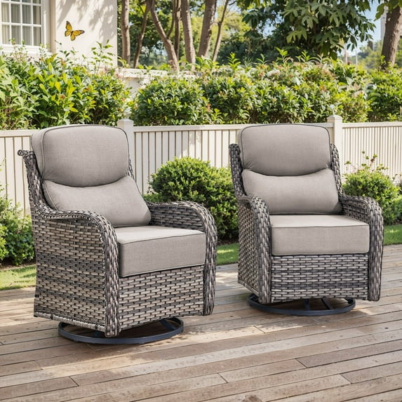 Patiobula Outdoor Patio High Back Swivel Glider Chair Set of 2,All-Weather Rattan Swivel Rocking Lounge Chair with 6-Inch Thick Removable Cushions for Patio Porch Pool,Gray/Beige