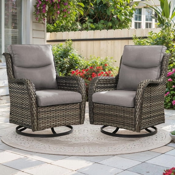Patiobula Outdoor Patio High Back Swivel Glider Chair Set of 2,All-Weather Rattan Swivel Rocking Lounge Chair with Removable Cushions for Patio Porch Pool,Gray/Beige