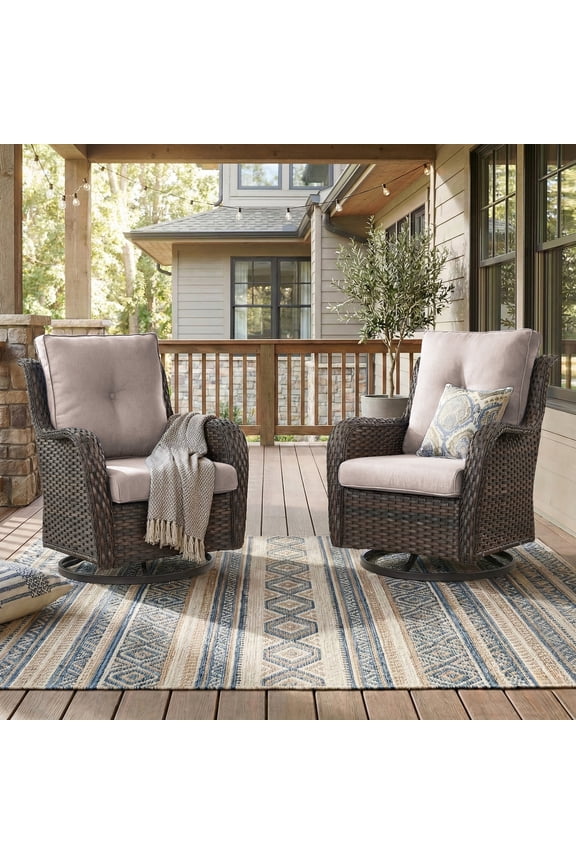 Outdoor Patio Swivel Glider Chair Set of 2,All-Weather Rattan Swivel Rocking Lounge Chair with Removable Cushions for Patio Porch Pool,Brown/Beige