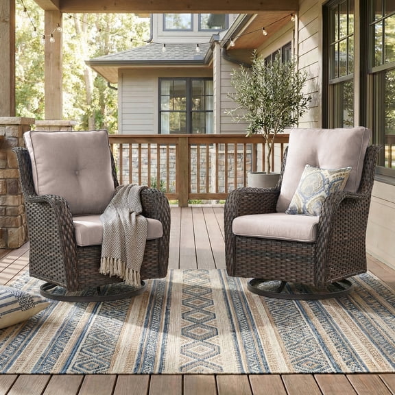 Patiobula Outdoor Patio Swivel Glider Chair Set of 2,All-Weather Rattan Swivel Rocking Lounge Chair with Removable Cushions for Patio Porch Pool,Brown/Beige