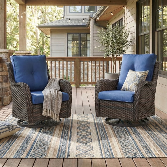 Patiobula Outdoor Patio Swivel Glider Chair Set of 2,All-Weather Rattan Swivel Rocking Lounge Chair with Removable Cushions for Patio Porch Pool,Brown/Navy