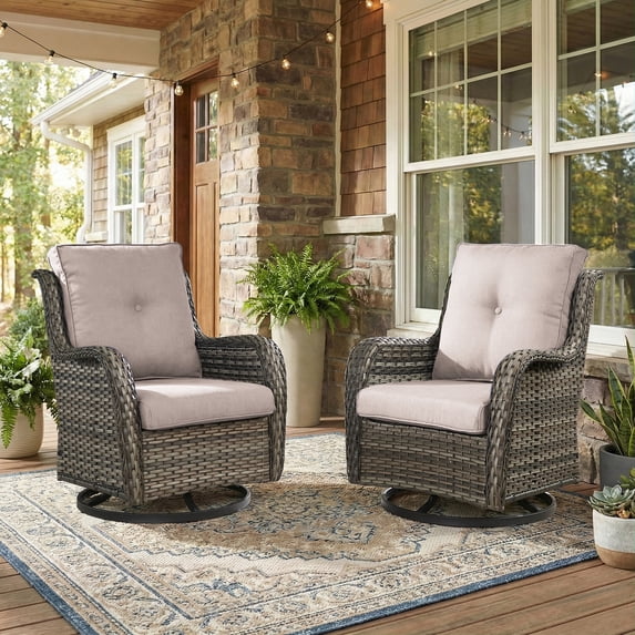 Patiobula Outdoor Patio Swivel Glider Chair Set of 2,All-Weather Rattan Swivel Rocking Lounge Chair with Removable Cushions for Patio Porch Pool,Gray/Beige