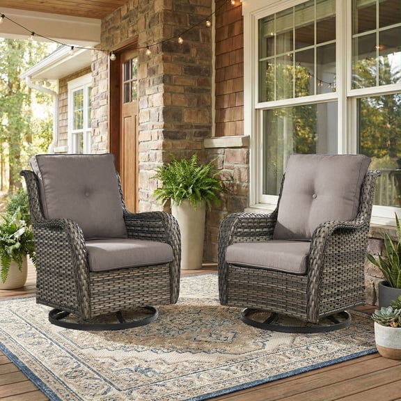 Patiobula Outdoor Patio Swivel Glider Chair Set of 2,All-Weather Rattan Swivel Rocking Lounge Chair with Removable Cushions for Patio Porch Pool,Gray/Gray