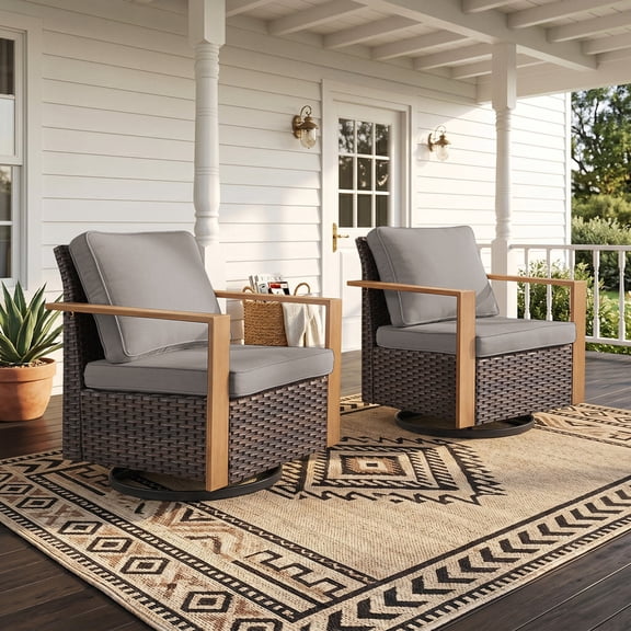 Patiobula Outdoor Patio Swivel Glider Chair Set of 2, All Weather Wicker Swivel Rocker Deep Seat Furniture Set for Porch Balcony Garden Deck Yard