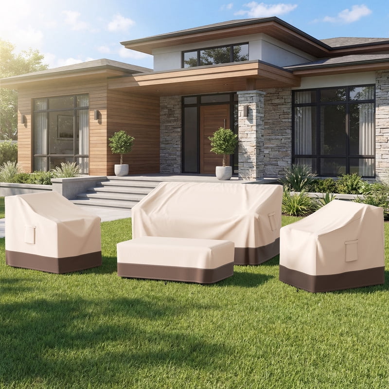 Patiobula Patio Furniture Covers, 4 Piece Outdoor Furniture Covers Waterproof, 600D Heavy Duty Tear-Resistant Patio Chair Covers with Windproof Buckle Strap and Adjustable Drawstring, Brown