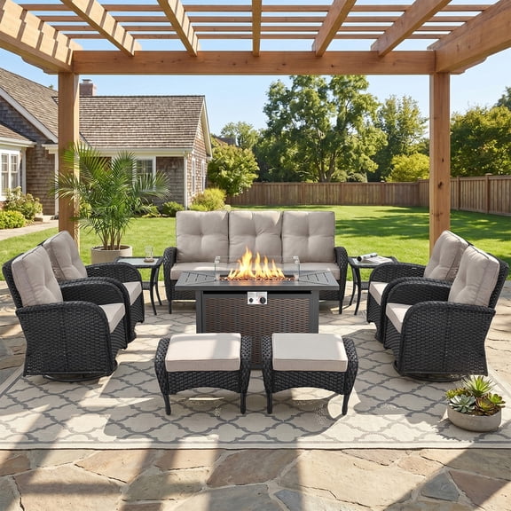 Patiobula Patio Furniture Set with Propane Fire Pit Table, 10 Pieces Outdoor Sectional Couch, Black Wicker Rattan Conversation Sofa with Swivel Chair Ottoman for Backyard Deck, Beige