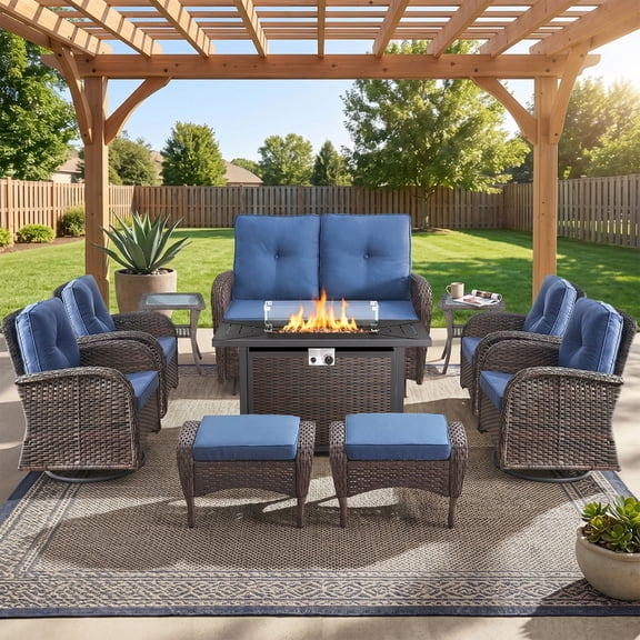 Patiobula Patio Furniture Set with Propane Fire Pit Table, 10 Pieces Outdoor Sectional Couch, Brown Wicker Rattan Conversation Loveseat Glider with Swivel Chair Ottomans for Backyard Deck, Navy