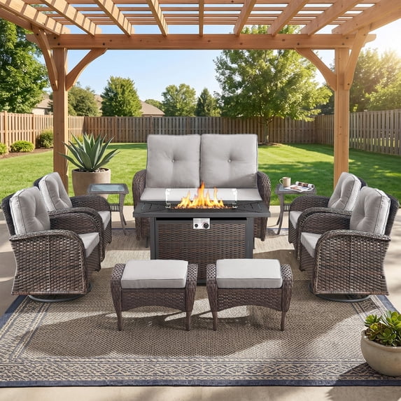 Patiobula Patio Furniture Set with Propane Fire Pit Table, 10 Pieces Outdoor Sectional Couch, Brown Wicker Rattan Conversation Loveseat Glider with Swivel Chair Ottomans for Backyard Deck, Beige