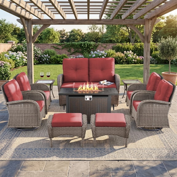 Patiobula Patio Furniture Set with Propane Fire Pit Table, 10 Pieces Outdoor Sectional Couch, Brown Wicker Rattan Conversation Loveseat Glider with Swivel Chair Ottomans for Backyard Deck, Red