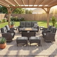 thumbnail image 1 of Patiobula Patio Furniture Set with Propane Fire Pit Table, 10 Pieces Outdoor Sectional Couch, Brown Wicker Rattan Conversation Sofa with Swivel Chair Ottoman for Backyard Deck, Gray, 1 of 14