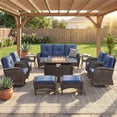 thumbnail image 1 of Patiobula Patio Furniture Set with Propane Fire Pit Table, 10 Pieces Outdoor Sectional Couch, Brown Wicker Rattan Conversation Sofa with Swivel Chair Ottoman for Backyard Deck, Navy, 1 of 14