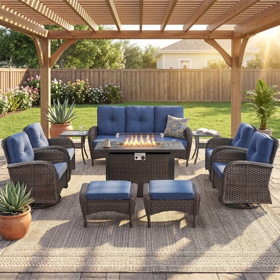 Patiobula Patio Furniture Set with Propane Fire Pit Table, 10 Pieces Outdoor Sectional Couch, Brown Wicker Rattan Conversation Sofa with Swivel Chair Ottoman for Backyard Deck, Navy