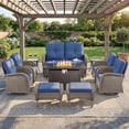thumbnail image 1 of Patiobula Patio Furniture Set with Propane Fire Pit Table, 10 Pieces Outdoor Sectional Couch, Gray Wicker Rattan Conversation Loveseat Glider with Swivel Chair Ottomans for Backyard Deck, Navy, 1 of 15