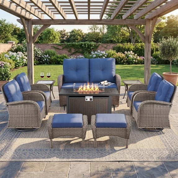 Patiobula Patio Furniture Set with Propane Fire Pit Table, 10 Pieces Outdoor Sectional Couch, Gray Wicker Rattan Conversation Loveseat Glider with Swivel Chair Ottomans for Backyard Deck, Navy