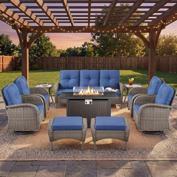 Patiobula Patio Furniture Set with Propane Fire Pit Table, 10 Pieces Outdoor Sectional Couch, Gray Wicker Rattan Conversation Sofa with Swivel Chair Ottoman for Backyard Deck, Navy