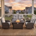 thumbnail image 1 of Patiobula Patio Furniture Set with Propane Fire Pit Table, 5 Pieces Outdoor Sectional Couch, Brown Wicker Rattan Conversation Loveseat Glider with Swivel Chair for Garden Backyard Deck, Beige, 1 of 15