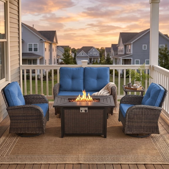Patiobula Patio Furniture Set with Propane Fire Pit Table, 5 Pieces Outdoor Sectional Couch, Brown Wicker Rattan Conversation Loveseat Glider with Swivel Chair for Garden Backyard Deck, Navy