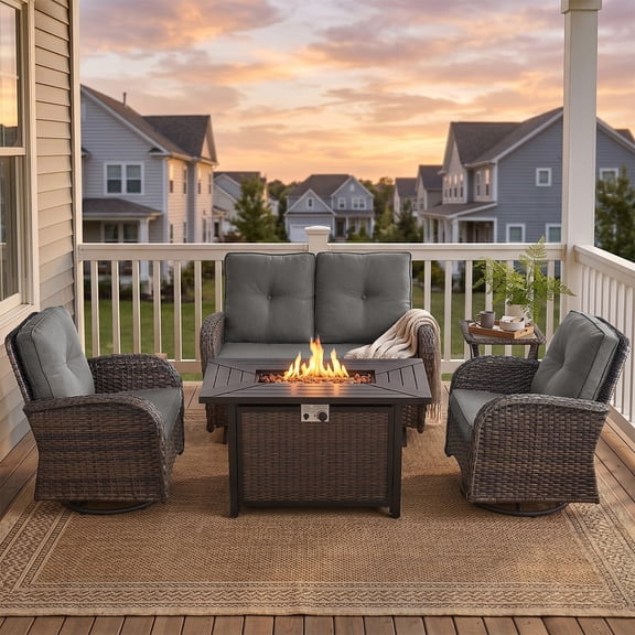 Patiobula Patio Furniture Set with Propane Fire Pit Table, 5 Pieces Outdoor Sectional Couch, Brown Wicker Rattan Conversation Loveseat Glider with Swivel Chair for Garden Backyard Deck, Gray