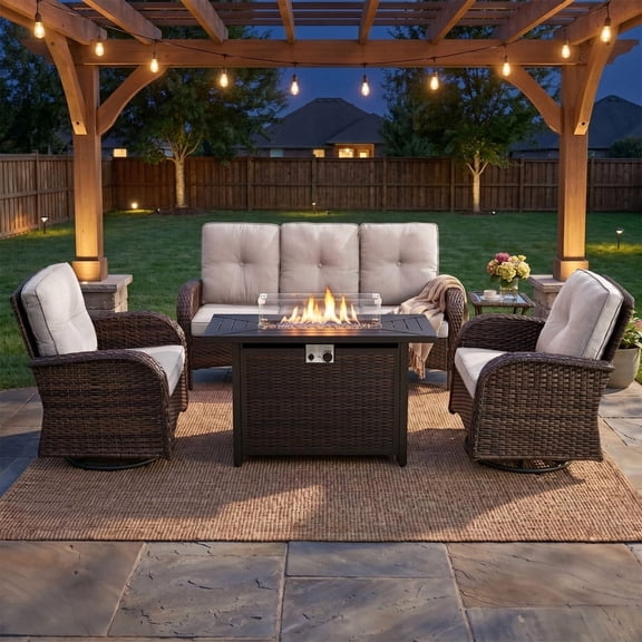 Patiobula Patio Furniture Set with Propane Fire Pit Table, 5 Pieces Outdoor Sectional Couch, Brown Wicker Rattan Conversation Sofa with Swivel Chair for Garden Backyard Deck, Beige