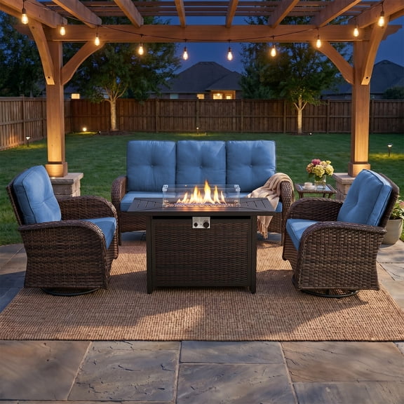 Patiobula Patio Furniture Set with Propane Fire Pit Table, 5 Pieces Outdoor Sectional Couch, Brown Wicker Rattan Conversation Sofa with Swivel Chair for Garden Backyard Deck, Navy