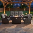 thumbnail image 1 of Patiobula Patio Furniture Set with Propane Fire Pit Table, 5 Pieces Outdoor Sectional Couch, Brown Wicker Rattan Conversation Sofa with Swivel Chair for Garden Backyard Deck, Gray, 1 of 14