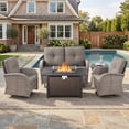thumbnail image 1 of Patiobula Patio Furniture Set with Propane Fire Pit Table, 5 Pieces Outdoor Sectional Couch, Gray Wicker Rattan Conversation Loveseat Glider with Swivel Chair for Garden Backyard Deck, Gray, 1 of 15