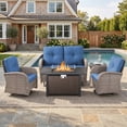thumbnail image 1 of Patiobula Patio Furniture Set with Propane Fire Pit Table, 5 Pieces Outdoor Sectional Couch, Gray Wicker Rattan Conversation Loveseat Glider with Swivel Chair for Garden Backyard Deck, Navy, 1 of 15