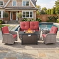thumbnail image 1 of Patiobula Patio Furniture Set with Propane Fire Pit Table, 5 Pieces Outdoor Sectional Couch, Gray Wicker Rattan Conversation Loveseat Glider with Swivel Chair for Garden Backyard Deck, Red, 1 of 15