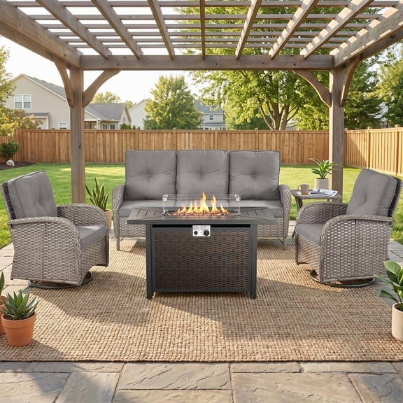 Patiobula Patio Furniture Set with Propane Fire Pit Table, 5 Pieces Outdoor Sectional Couch, Gray Wicker Rattan Conversation Sofa with Swivel Chair for Garden Backyard Deck, Gray