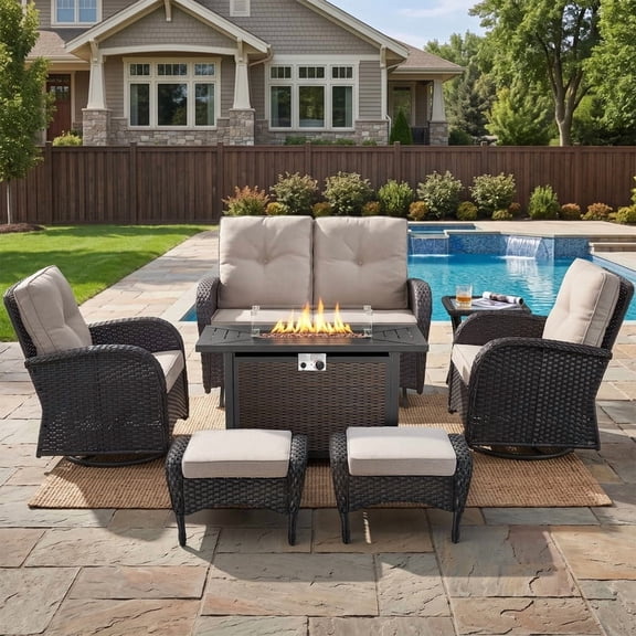 Patiobula Patio Furniture Set with Propane Fire Pit Table, 7 Pieces Outdoor Sectional Couch, Black Wicker Rattan Conversation Loveseat Glider with Swivel Chair Ottomans for Backyard Deck, Beige