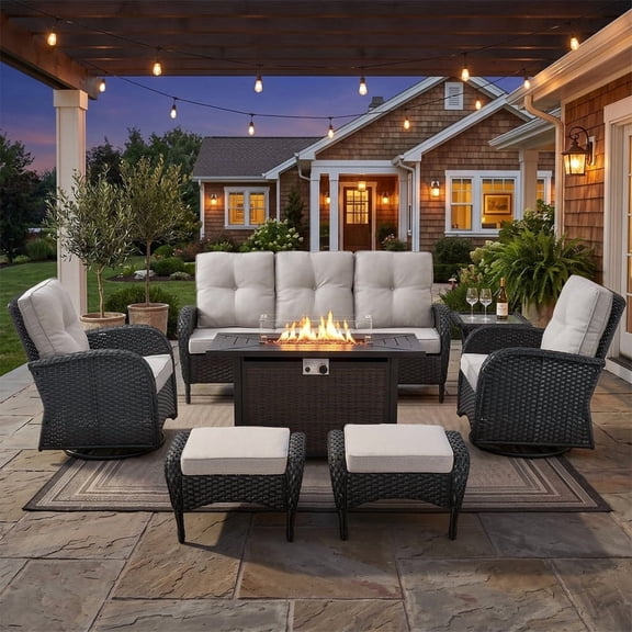 Patiobula Patio Furniture Set with Propane Fire Pit Table, 7 Pieces Outdoor Sectional Couch, Black Wicker Rattan Conversation Sofa with Swivel Chair Ottoman for Garden Backyard Deck, Beige