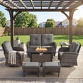 thumbnail image 1 of Patiobula Patio Furniture Set with Propane Fire Pit Table, 7 Pieces Outdoor Sectional Couch, Brown Wicker Rattan Conversation Loveseat Glider with Swivel Chair Ottomans for Backyard Deck, Gray, 1 of 15