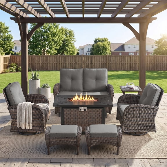 Patiobula Patio Furniture Set with Propane Fire Pit Table, 7 Pieces Outdoor Sectional Couch, Brown Wicker Rattan Conversation Loveseat Glider with Swivel Chair Ottomans for Backyard Deck, Gray