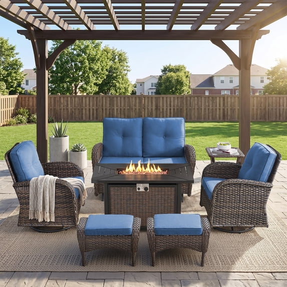 Patiobula Patio Furniture Set with Propane Fire Pit Table, 7 Pieces Outdoor Sectional Couch, Brown Wicker Rattan Conversation Loveseat Glider with Swivel Chair Ottomans for Backyard Deck, Navy