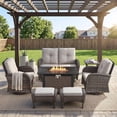 thumbnail image 1 of Patiobula Patio Furniture Set with Propane Fire Pit Table, 7 Pieces Outdoor Sectional Couch, Brown Wicker Rattan Conversation Loveseat Glider with Swivel Chair Ottomans for Backyard Deck, Beige, 1 of 15