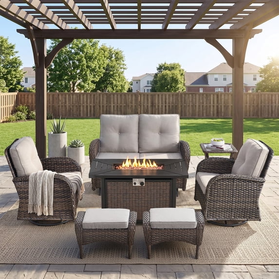 Patiobula Patio Furniture Set with Propane Fire Pit Table, 7 Pieces Outdoor Sectional Couch, Brown Wicker Rattan Conversation Loveseat Glider with Swivel Chair Ottomans for Backyard Deck, Beige