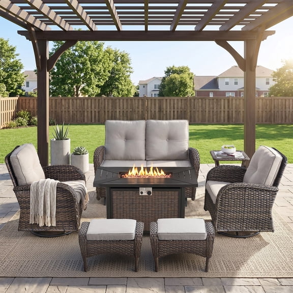 Patiobula Patio Furniture Set with Propane Fire Pit Table, 7 Pieces Outdoor Sectional Couch, Brown Wicker Rattan Conversation Loveseat Glider with Swivel Chair Ottomans for Backyard Deck, Beige