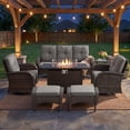 thumbnail image 1 of Patiobula Patio Furniture Set with Propane Fire Pit Table, 7 Pieces Outdoor Sectional Couch, Brown Wicker Rattan Conversation Sofa with Swivel Chair Ottoman for Garden Backyard Deck, Gray, 1 of 14