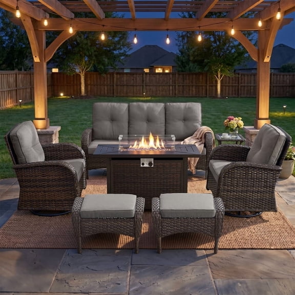 Patiobula Patio Furniture Set with Propane Fire Pit Table, 7 Pieces Outdoor Sectional Couch, Brown Wicker Rattan Conversation Sofa with Swivel Chair Ottoman for Garden Backyard Deck, Gray