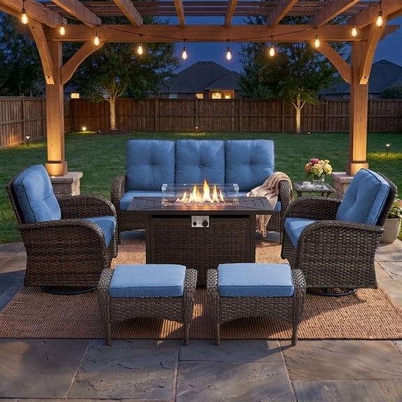 Patiobula Patio Furniture Set with Propane Fire Pit Table, 7 Pieces Outdoor Sectional Couch, Brown Wicker Rattan Conversation Sofa with Swivel Chair Ottoman for Garden Backyard Deck, Navy
