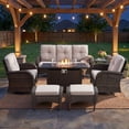 thumbnail image 1 of Patiobula Patio Furniture Set with Propane Fire Pit Table, 7 Pieces Outdoor Sectional Couch, Brown Wicker Rattan Conversation Sofa with Swivel Chair Ottoman for Garden Backyard Deck, Beige, 1 of 14