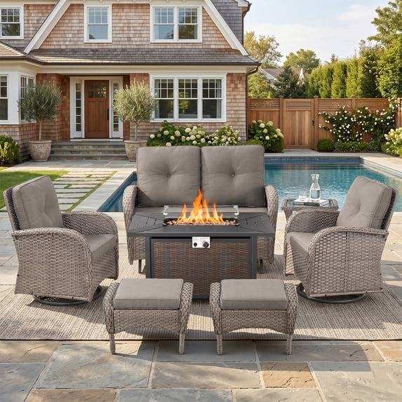 Patiobula Patio Furniture Set with Propane Fire Pit Table, 7 Pieces Outdoor Sectional Couch, Gray Wicker Rattan Conversation Loveseat Glider with Swivel Chair Ottomans for Backyard Deck, Gray