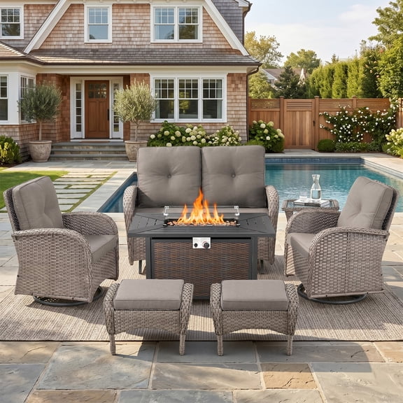 Patiobula Patio Furniture Set with Propane Fire Pit Table, 7 Pieces Outdoor Sectional Couch, Gray Wicker Rattan Conversation Loveseat Glider with Swivel Chair Ottomans for Backyard Deck, Gray
