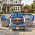 thumbnail image 1 of Patiobula Patio Furniture Set with Propane Fire Pit Table, 7 Pieces Outdoor Sectional Couch, Gray Wicker Rattan Conversation Loveseat Glider with Swivel Chair Ottomans for Backyard Deck, Navy, 1 of 15