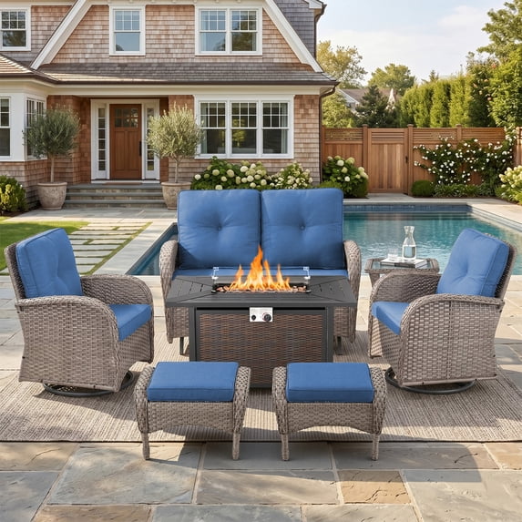 Patiobula Patio Furniture Set with Propane Fire Pit Table, 7 Pieces Outdoor Sectional Couch, Gray Wicker Rattan Conversation Loveseat Glider with Swivel Chair Ottomans for Backyard Deck, Navy