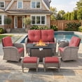 thumbnail image 1 of Patiobula Patio Furniture Set with Propane Fire Pit Table, 7 Pieces Outdoor Sectional Couch, Gray Wicker Rattan Conversation Loveseat Glider with Swivel Chair Ottomans for Backyard Deck, Red, 1 of 15