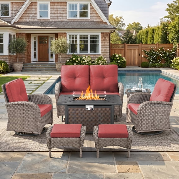 Patiobula Patio Furniture Set with Propane Fire Pit Table, 7 Pieces Outdoor Sectional Couch, Gray Wicker Rattan Conversation Loveseat Glider with Swivel Chair Ottomans for Backyard Deck, Red