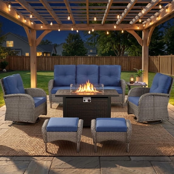 Patiobula Patio Furniture Set with Propane Fire Pit Table, 7 Pieces Outdoor Sectional Couch, Gray Wicker Rattan Conversation Sofa with Swivel Chair Ottoman for Garden Backyard Deck, Navy
