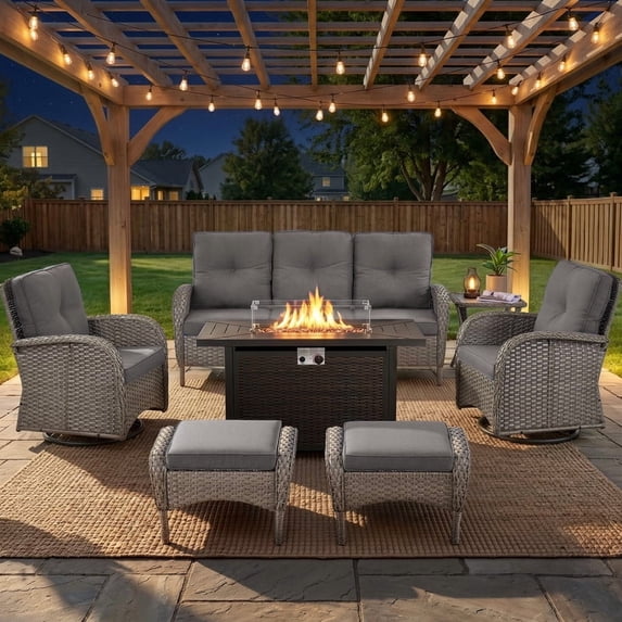 Patiobula Patio Furniture Set with Propane Fire Pit Table, 7 Pieces Outdoor Sectional Couch, Gray Wicker Rattan Conversation Sofa with Swivel Chair Ottoman for Garden Backyard Deck, Gray