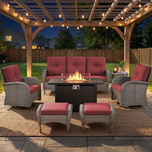 Patiobula Patio Furniture Set with Propane Fire Pit Table, 7 Pieces Outdoor Sectional Couch, Gray Wicker Rattan Conversation Sofa with Swivel Chair Ottoman for Garden Backyard Deck, Red